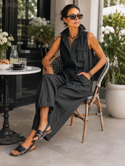 Sleeveless Utility Wide-Leg Jumpsuit - Sleeveless Jumpsuit