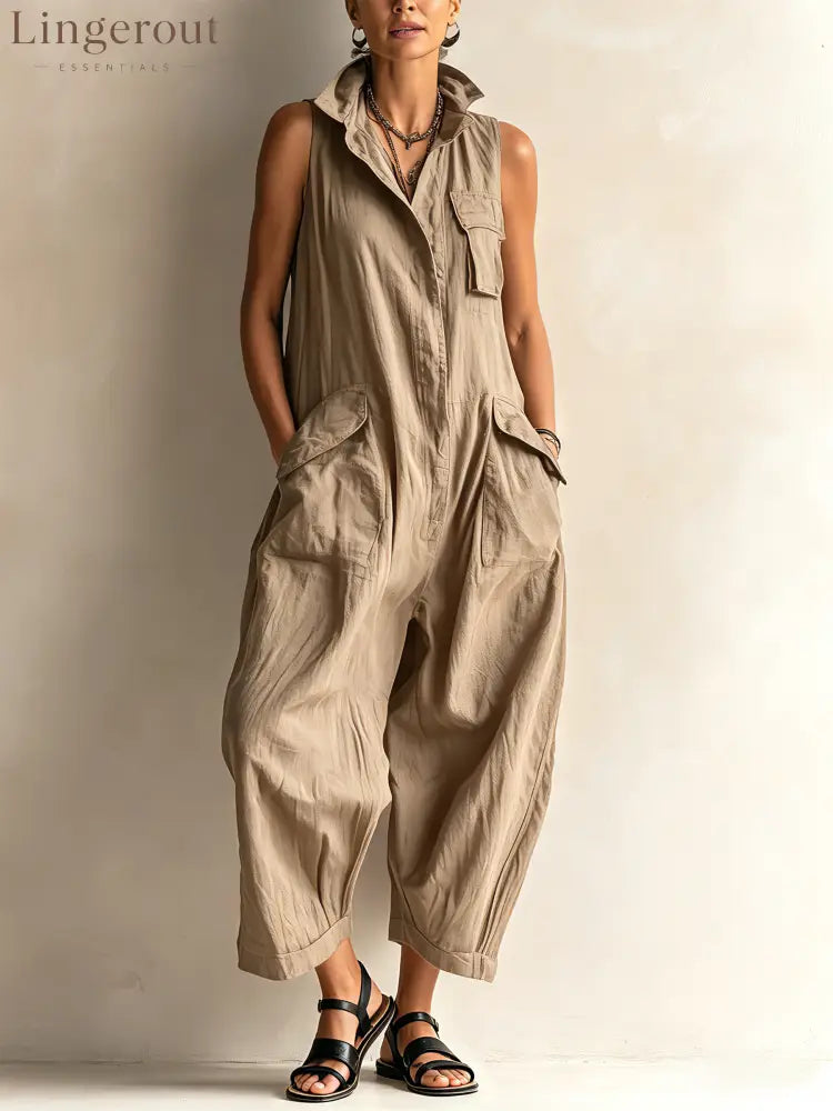 Sleeveless Utility Wide-Leg Jumpsuit - KHAKI / XS - Sleeveless Jumpsuit