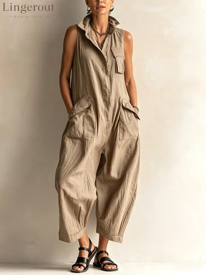 Sleeveless Utility Wide-Leg Jumpsuit - KHAKI / XS - Sleeveless Jumpsuit