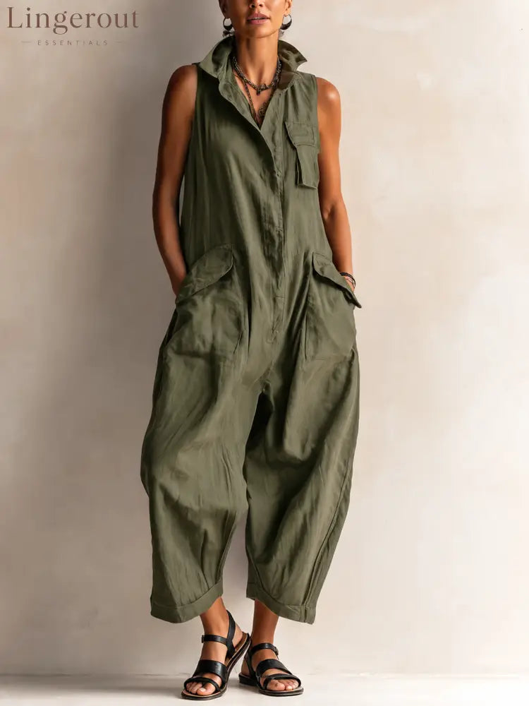 Sleeveless Utility Wide-Leg Jumpsuit - OLIVE / XS - Sleeveless Jumpsuit