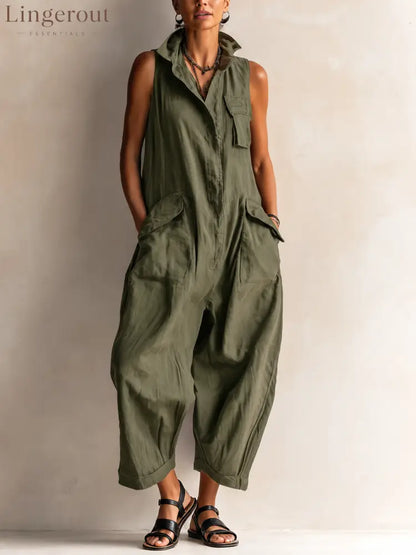 Sleeveless Utility Wide-Leg Jumpsuit - OLIVE / XS - Sleeveless Jumpsuit