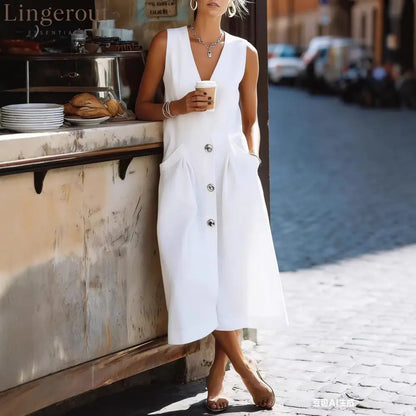 Sleeveless V-Neck Button-Front Midi Dress