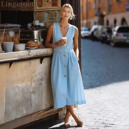 Sleeveless V-Neck Button-Front Midi Dress