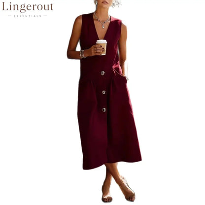 Sleeveless V-Neck Button-Front Midi Dress