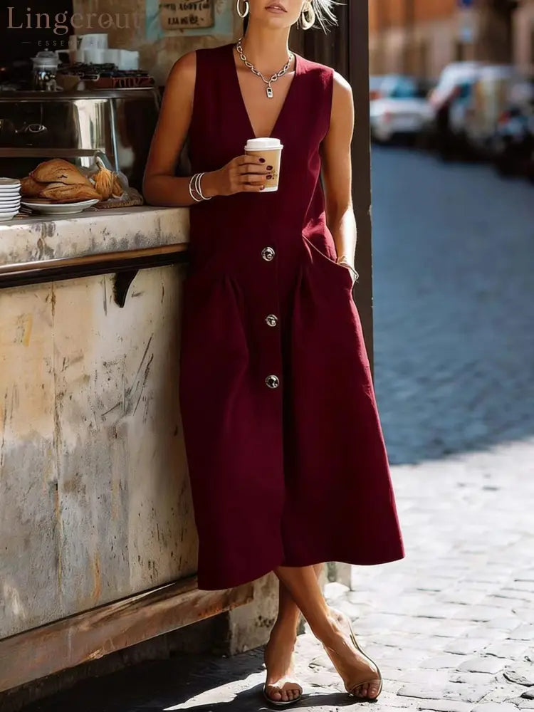 Sleeveless V-Neck Button-Front Midi Dress - Burgundy / S