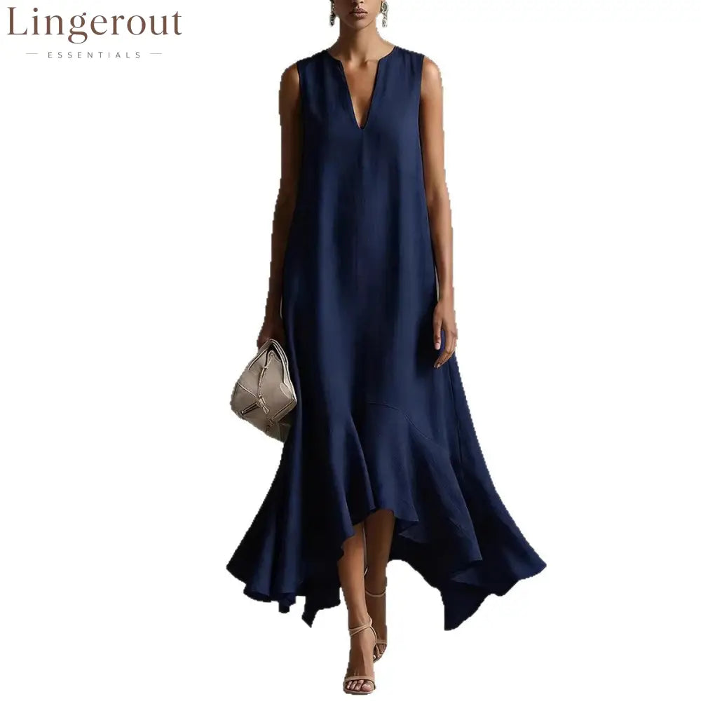 Sleeveless V-Neck Linen Midi Dress with Ruffled Hem