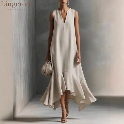 Sleeveless V-Neck Linen Midi Dress with Ruffled Hem