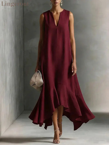 Sleeveless V-Neck Linen Midi Dress with Ruffled Hem - Burgundy / S