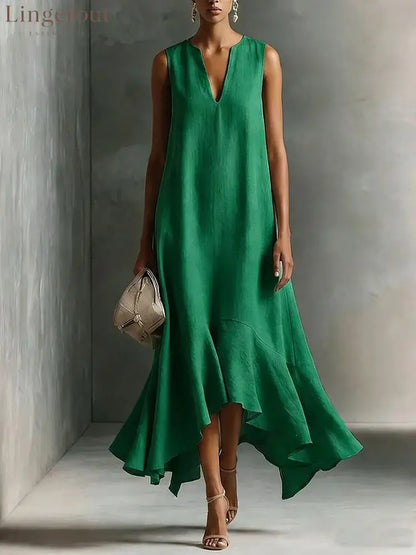 Sleeveless V-Neck Linen Midi Dress with Ruffled Hem - Green / S
