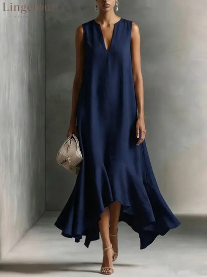 Sleeveless V-Neck Linen Midi Dress with Ruffled Hem - Navy / S