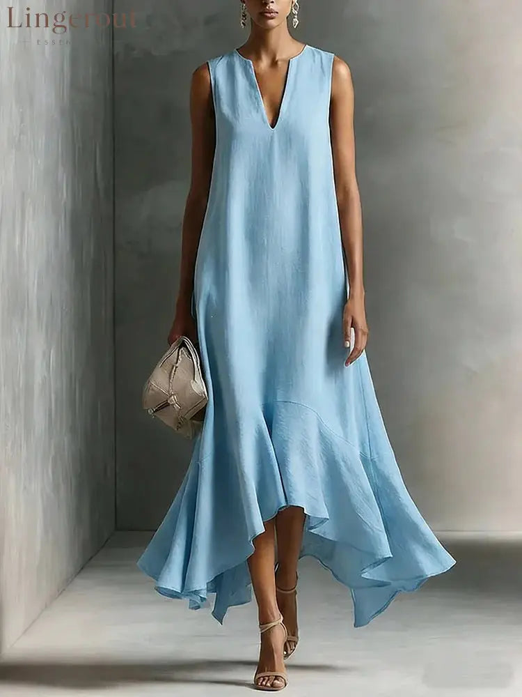 Sleeveless V-Neck Linen Midi Dress with Ruffled Hem - Sky blue / S