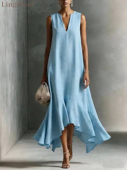 Sleeveless V-Neck Linen Midi Dress with Ruffled Hem - Sky blue / S