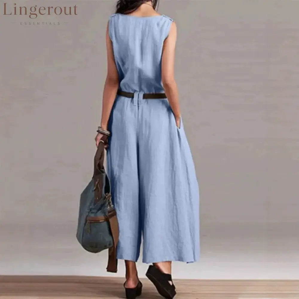 Sleeveless V-Neck Self Belt Linen Wide Leg Cropped Jumpsuit