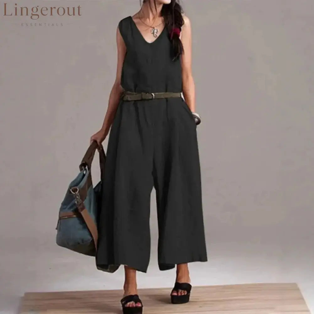 Sleeveless V-Neck Self Belt Linen Wide Leg Cropped Jumpsuit - Black / XS