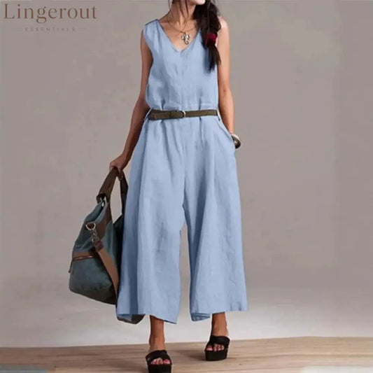 Sleeveless V-Neck Self Belt Linen Wide Leg Cropped Jumpsuit - Royal blue / XS