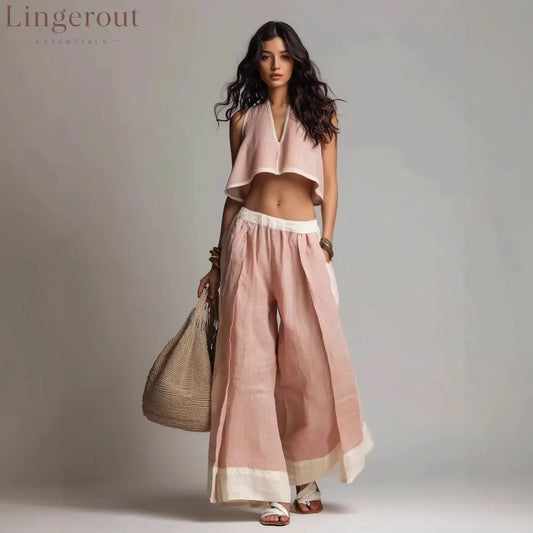 Sleeveless V-Neck Two-Piece Set – Solid Color Lounge & Casual Outfit - Pink / XS