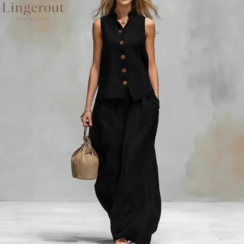 Sleeveless Vest Wide Leg Pants Casual Matching Set - Black / 2XL