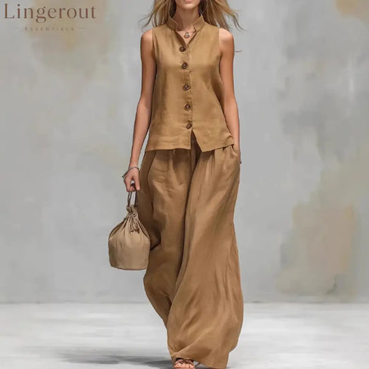 Sleeveless Vest Wide Leg Pants Casual Matching Set - Brown / 2XL