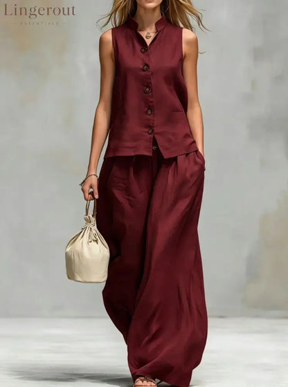 Sleeveless Vest Wide Leg Pants Casual Matching Set - Claret / 2XL