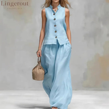 Sleeveless Vest Wide Leg Pants Casual Matching Set - Light blue / 2XL