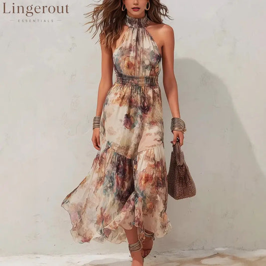 Sleeveless Vintage Watercolor Print Ruffled Flowy Vacation Dress