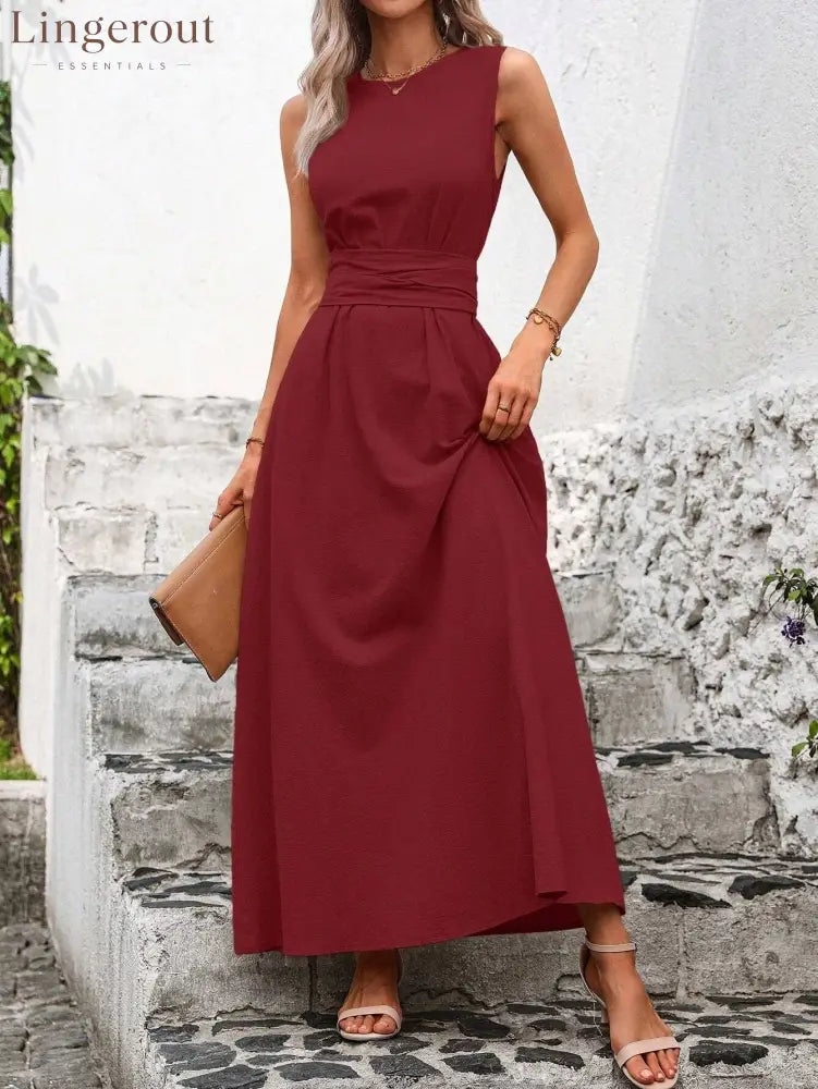 Sleeveless Wrap‑Tie Waist Maxi Dress