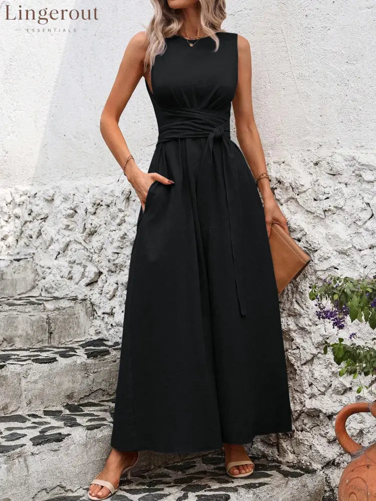 Sleeveless Wrap‑Tie Waist Maxi Dress