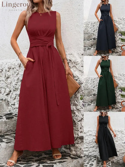 Sleeveless Wrap‑Tie Waist Maxi Dress