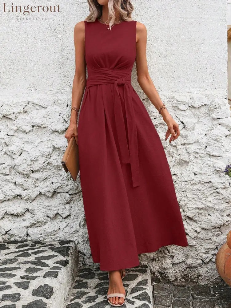 Sleeveless Wrap‑Tie Waist Maxi Dress - Red / S