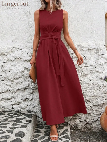 Sleeveless Wrap‑Tie Waist Maxi Dress - Red / S