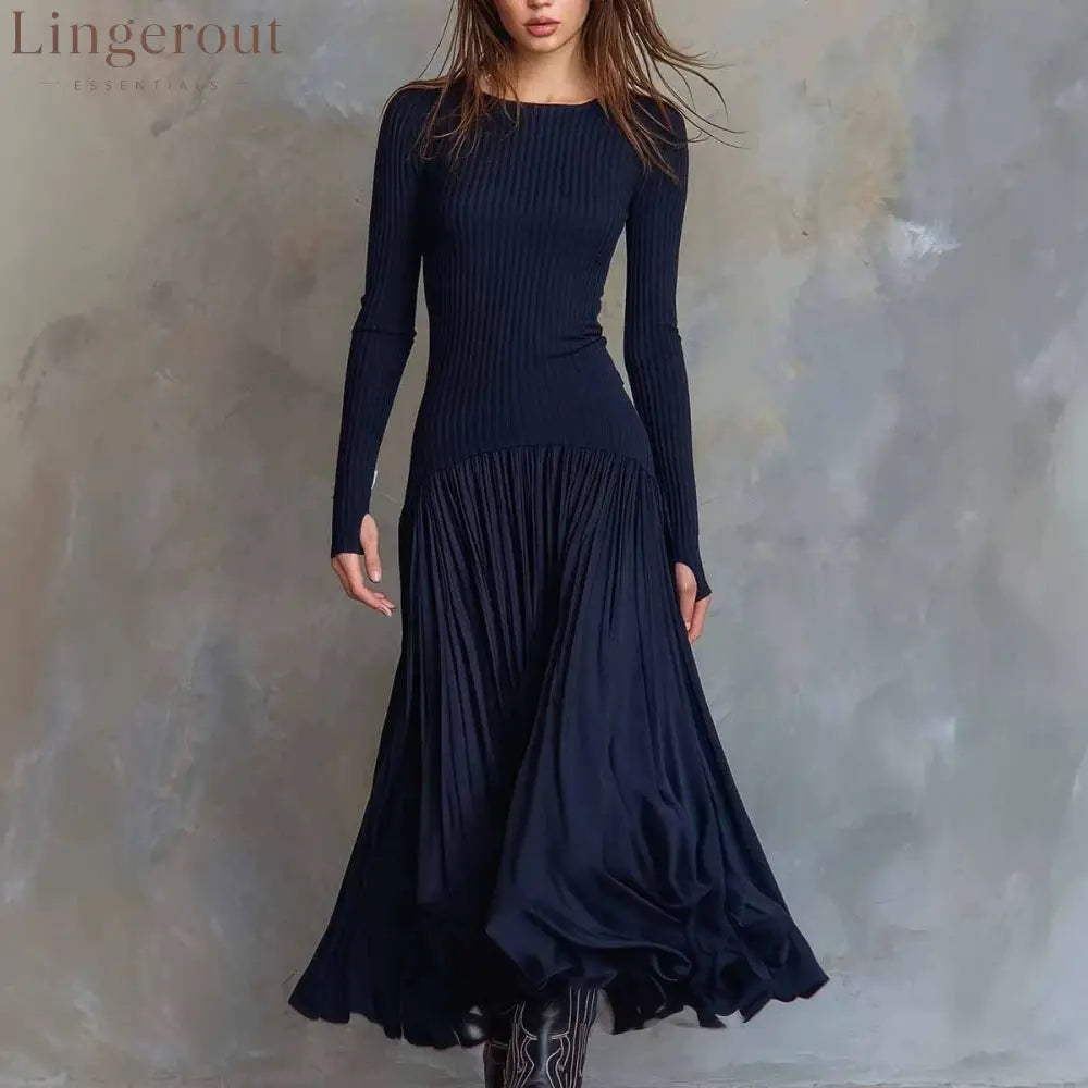 Slim Ribbed Knit Maxi Dress Women Long Sleeve Elegant Evening Long Dress
