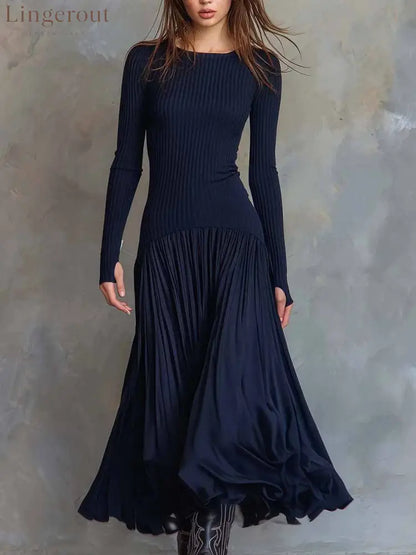 Slim Ribbed Knit Maxi Dress Women Long Sleeve Elegant Evening Long Dress - Dark Blue / S