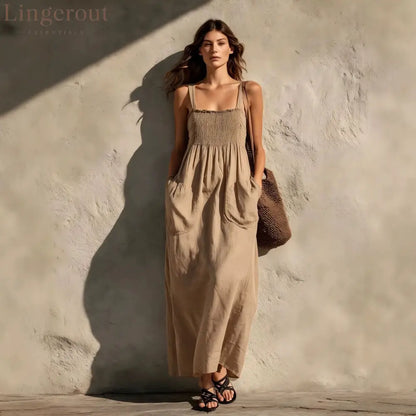 Smocked Square Neck Spaghetti Strap Pocket Linen Blend Maxi Dress