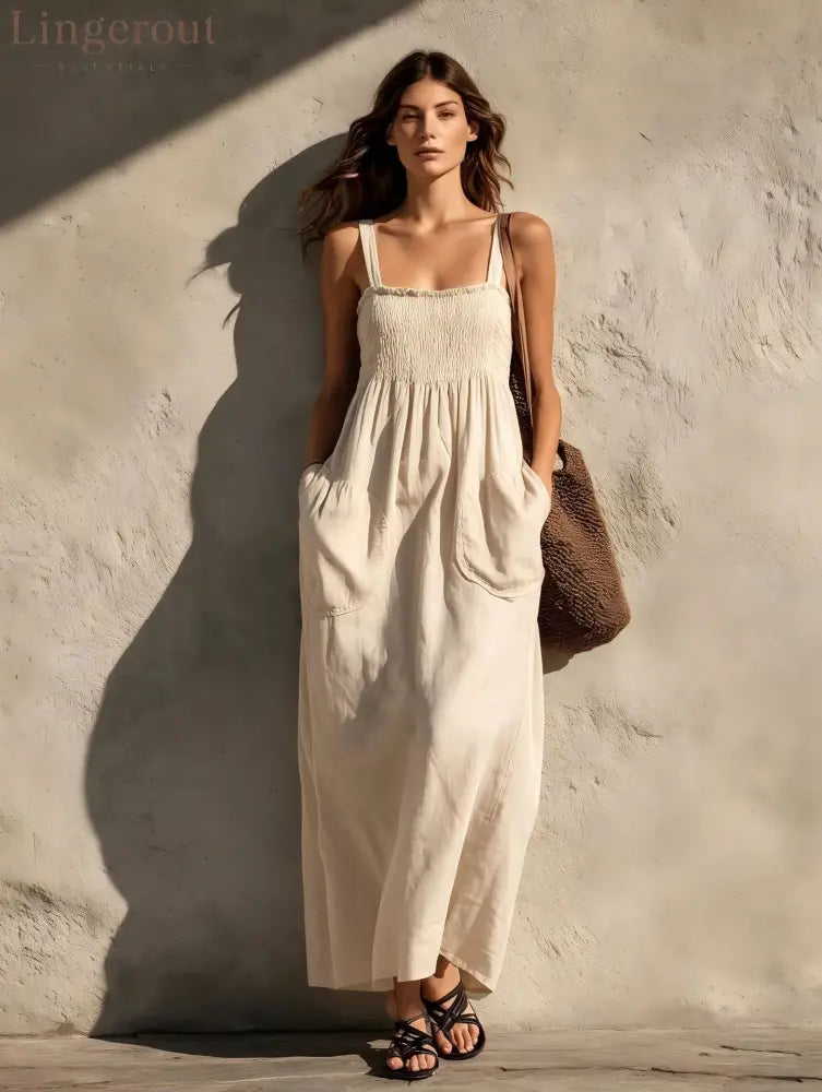 Smocked Square Neck Spaghetti Strap Pocket Linen Blend Maxi Dress - Off white / S