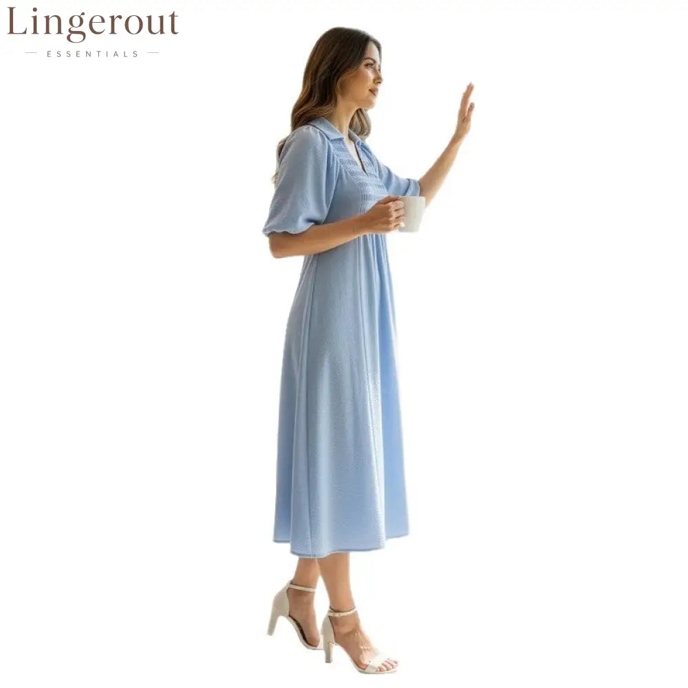 Smocked V‑Neck Puff‑Sleeve Midi Dress