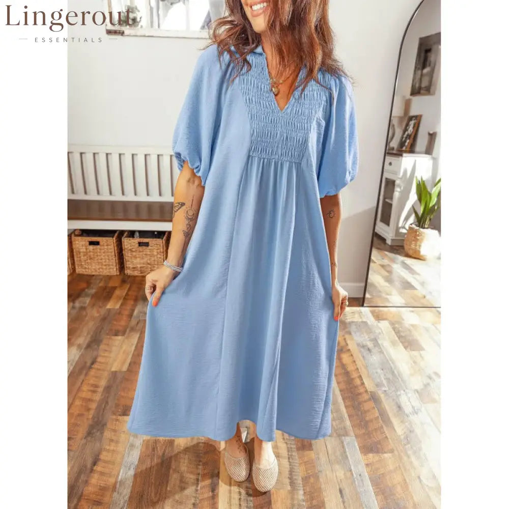 Smocked V‑Neck Puff‑Sleeve Midi Dress