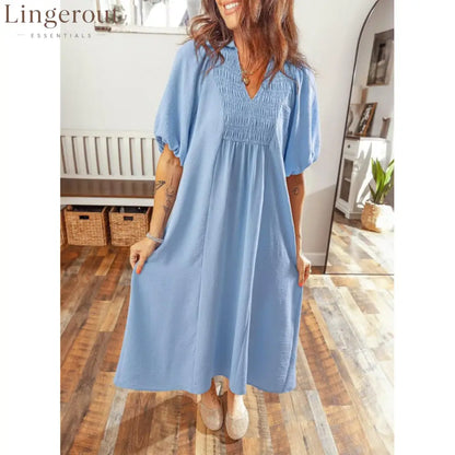 Smocked V‑Neck Puff‑Sleeve Midi Dress
