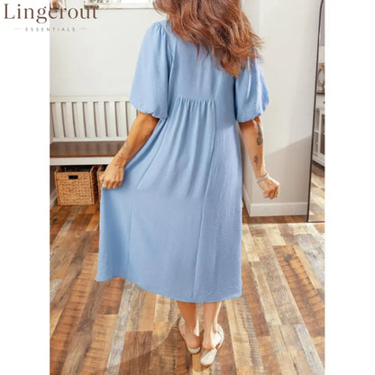 Smocked V‑Neck Puff‑Sleeve Midi Dress