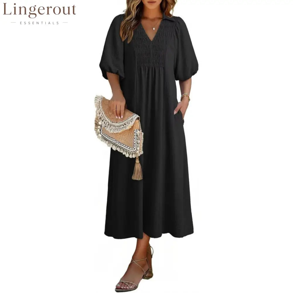 Smocked V‑Neck Puff‑Sleeve Midi Dress - Black / S