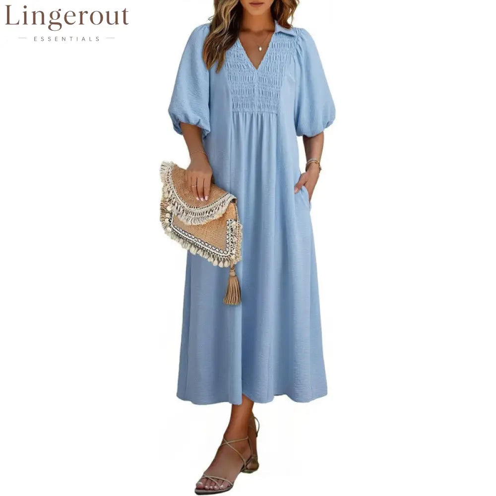 Smocked V‑Neck Puff‑Sleeve Midi Dress - Blue / S
