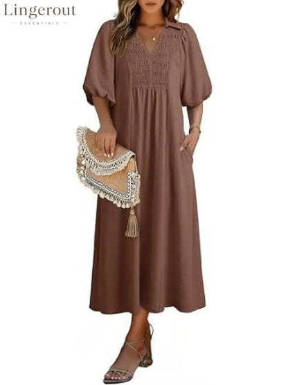 Smocked V‑Neck Puff‑Sleeve Midi Dress - Brown / S