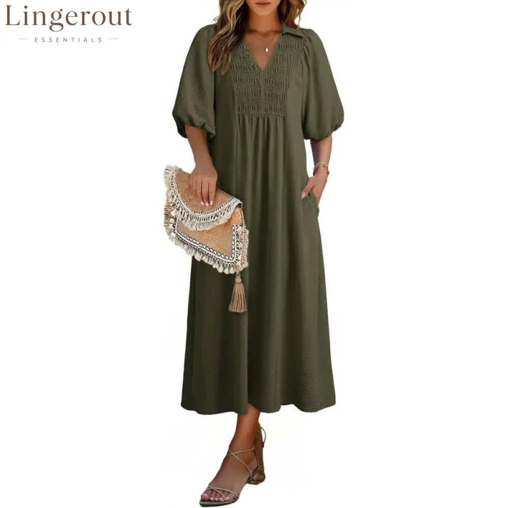 Smocked V‑Neck Puff‑Sleeve Midi Dress - Green / S