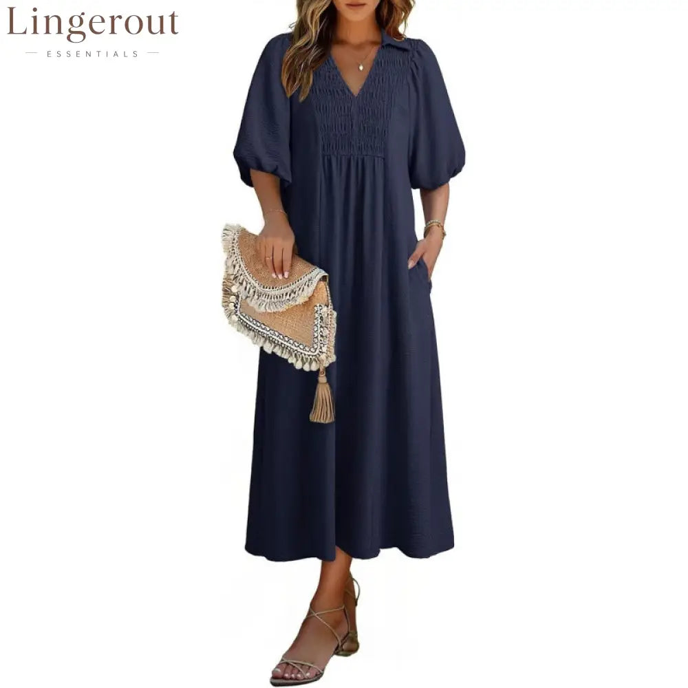 Smocked V‑Neck Puff‑Sleeve Midi Dress - Navy blue / S