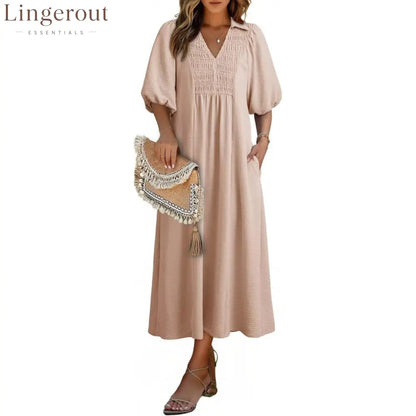 Smocked V‑Neck Puff‑Sleeve Midi Dress - Oatmeal color / S