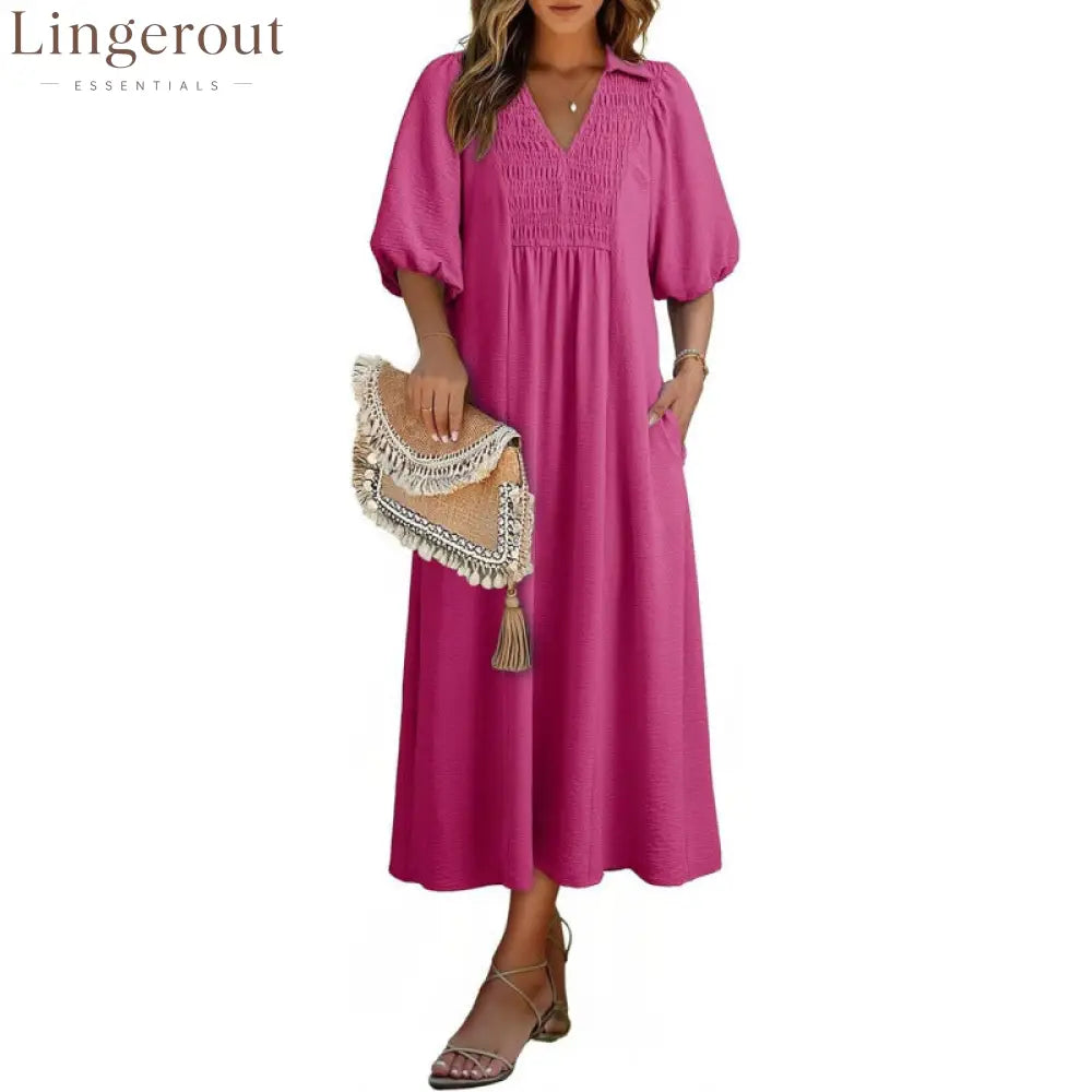 Smocked V‑Neck Puff‑Sleeve Midi Dress - Rose red / S