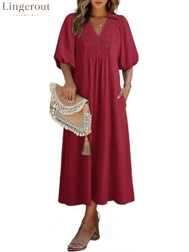 Smocked V‑Neck Puff‑Sleeve Midi Dress - Wine red / S
