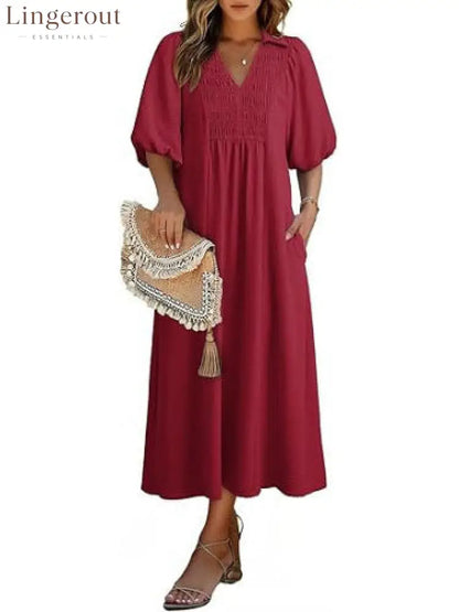Smocked V‑Neck Puff‑Sleeve Midi Dress - Wine red / S