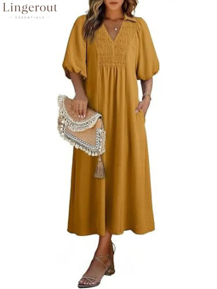 Smocked V‑Neck Puff‑Sleeve Midi Dress - Yellow brown / S