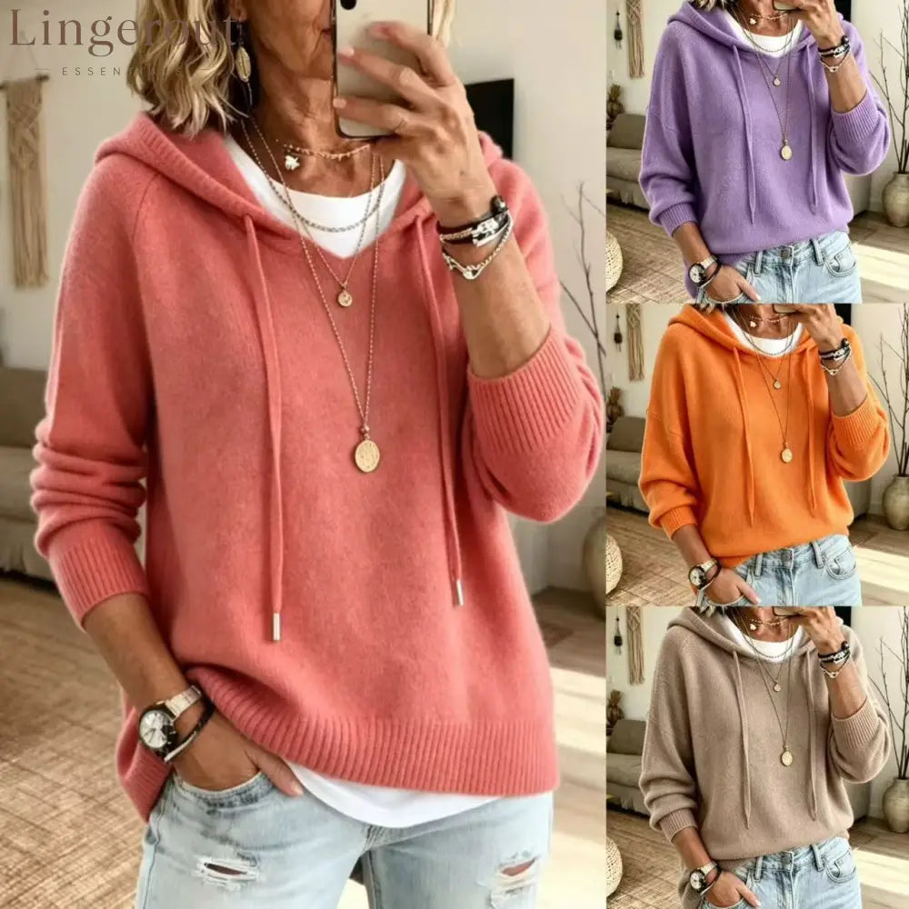 Soft Knit Drawstring Hooded Long Sleeve Pullover Sweater