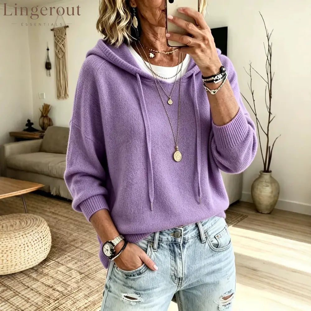 Soft Knit Drawstring Hooded Long Sleeve Pullover Sweater